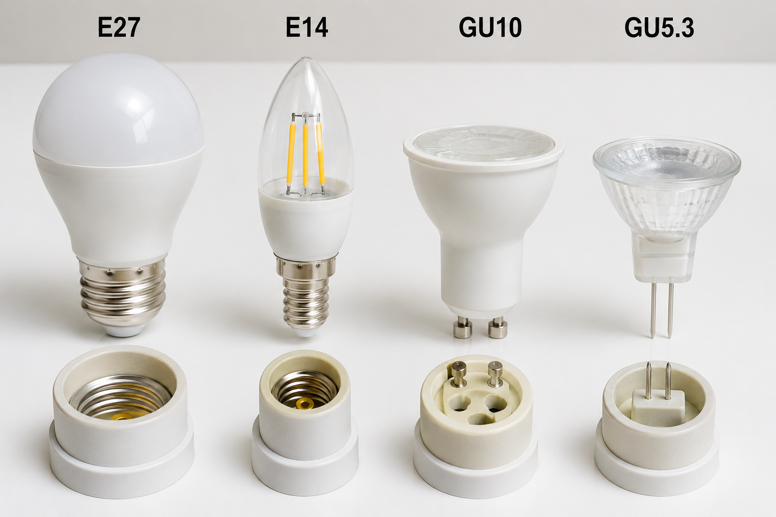 casquillos de bombillas LED tipos E27 E14 GU10 GU5.3 comparativa