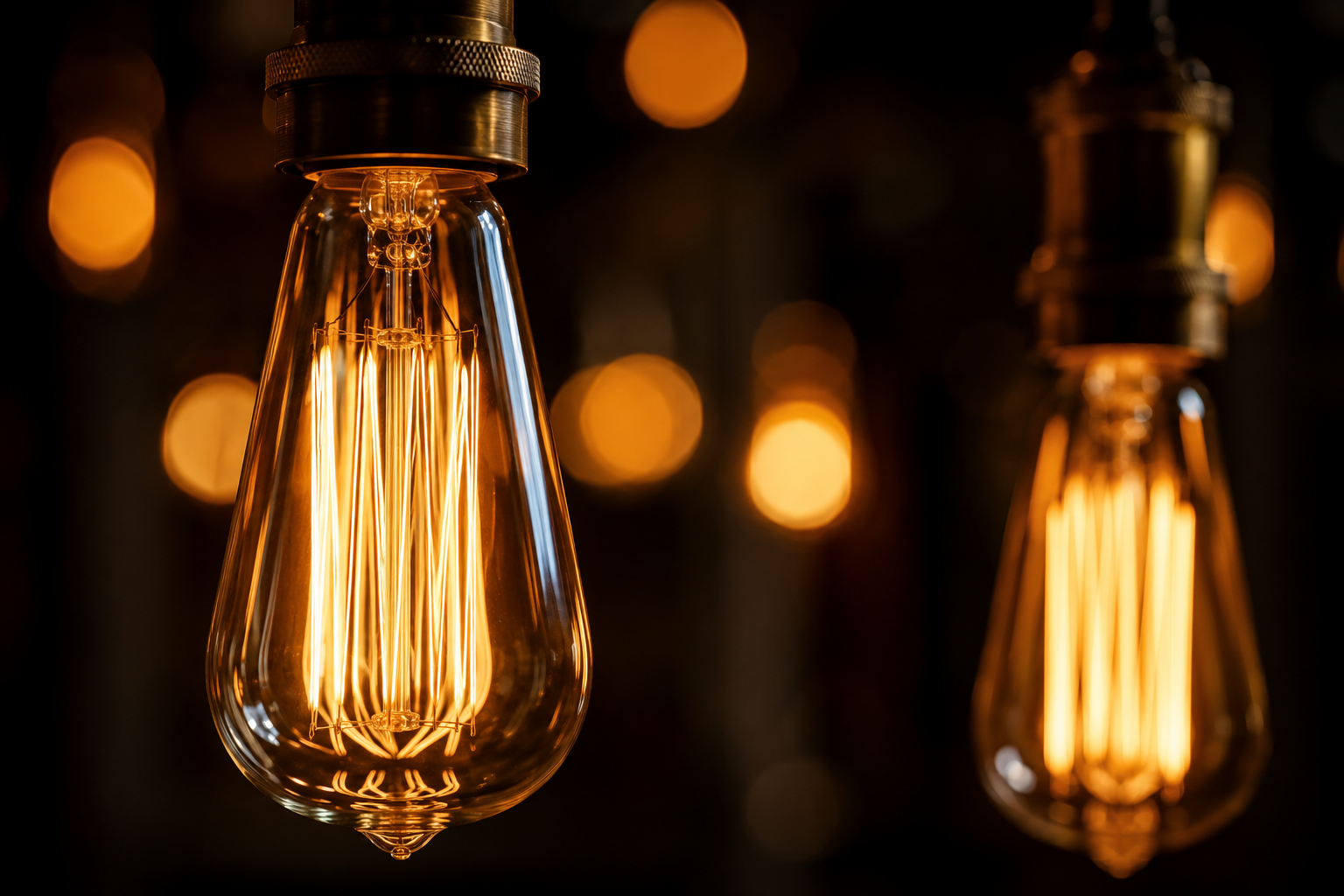 bombillas LED de filamento tipo Edison con luz cálida ambar sobre fondo oscuro