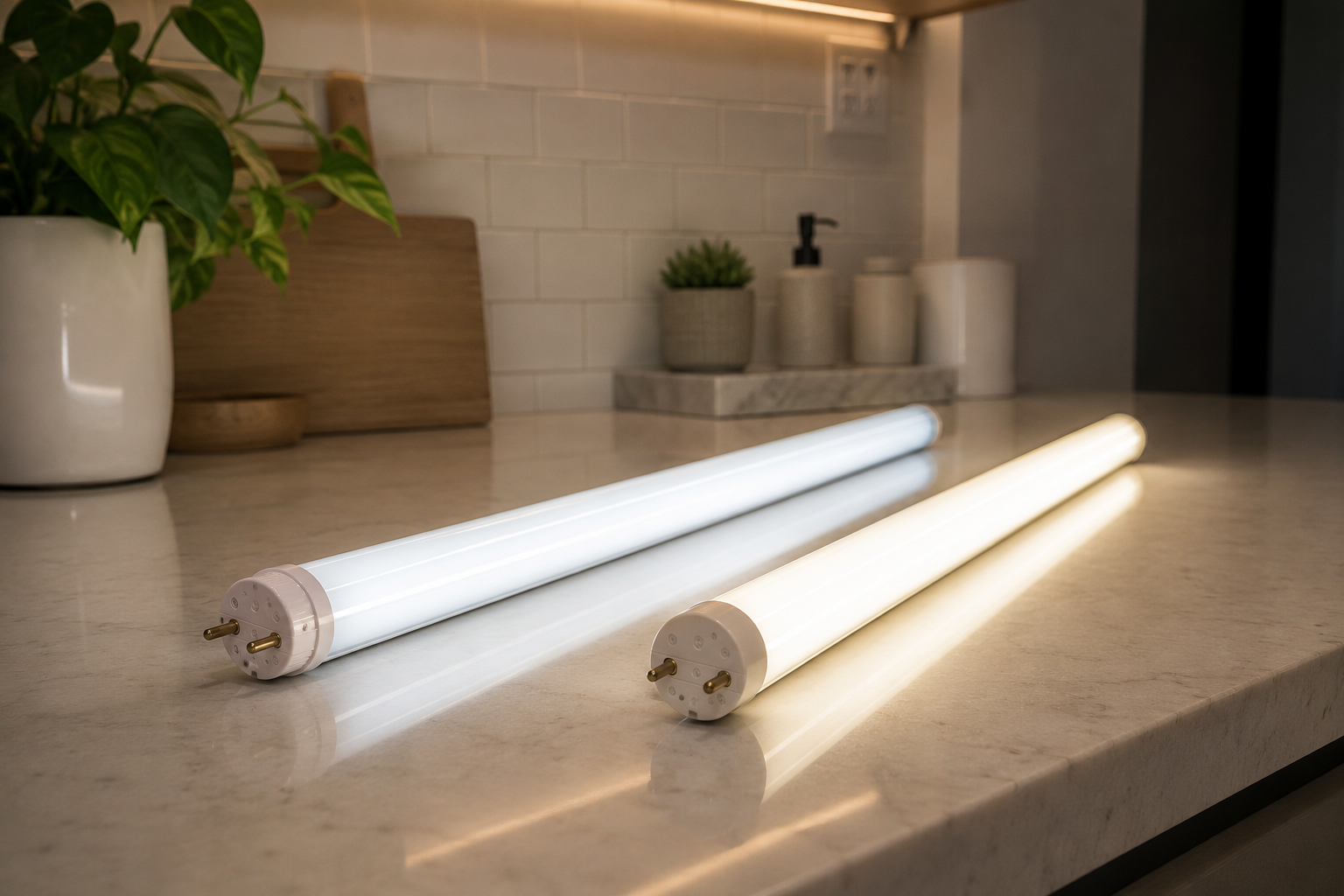 LED vs fluorescente comparativa de tubos lado a lado sobre superficie blanca
