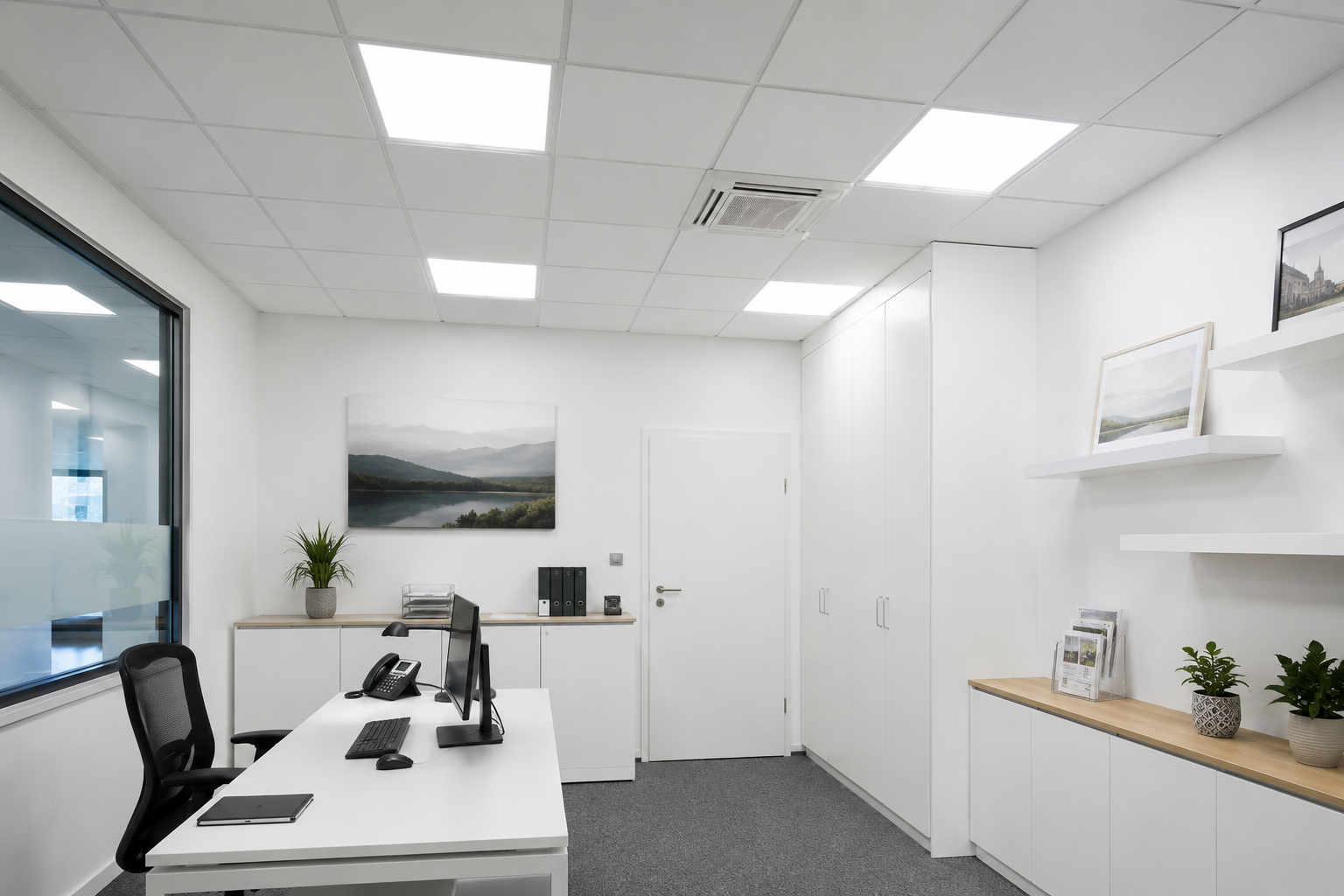 paneles LED instalados en techo de oficina con luz uniforme y blanca