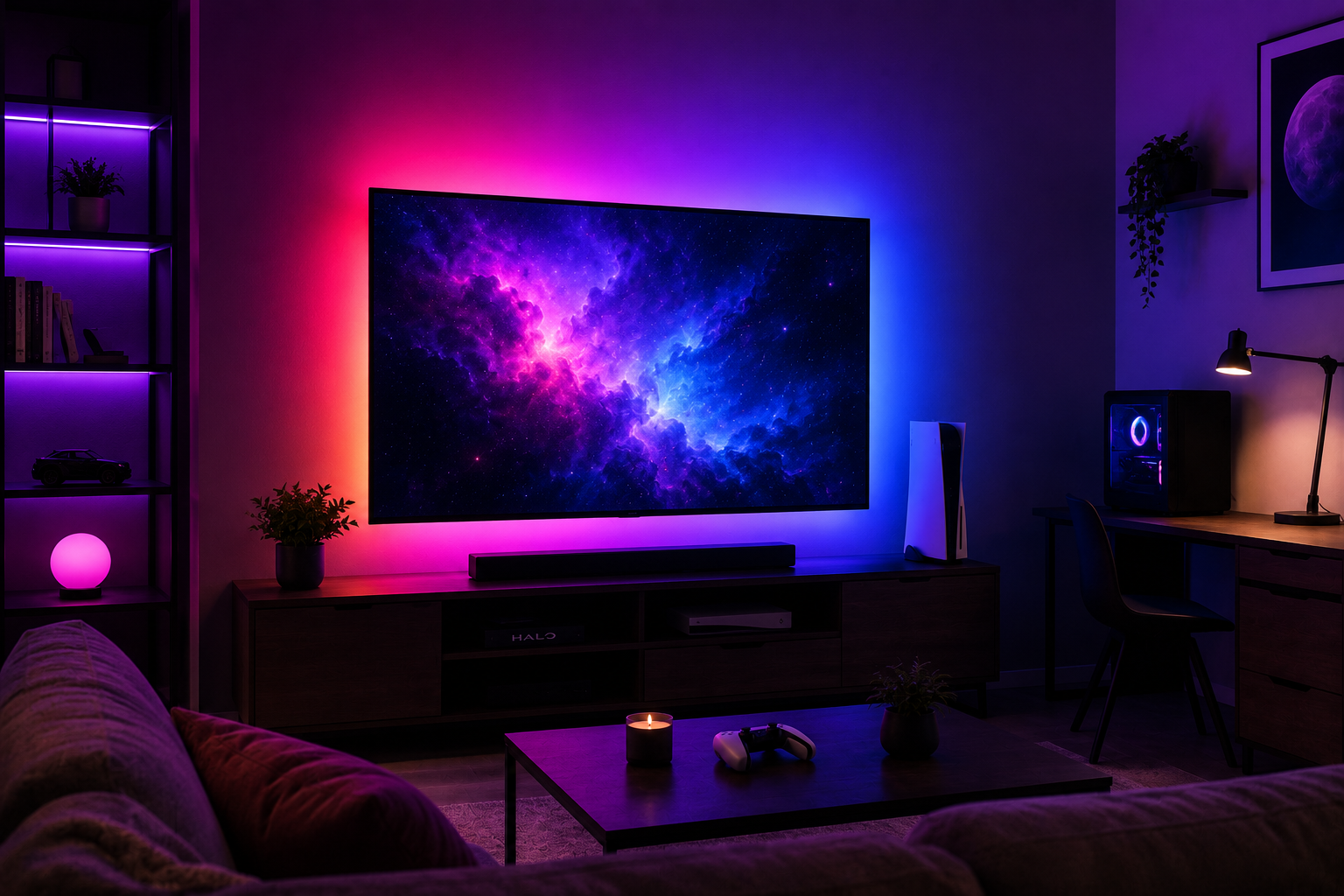 tiras LED RGB instaladas detrás de televisor con colores vibrantes