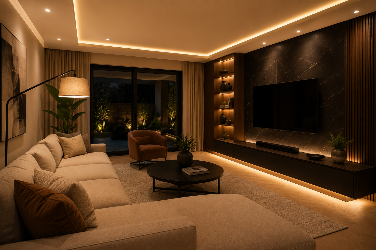 iluminación LED salón con focos de techo, tira LED bajo mueble TV y lámpara de pie