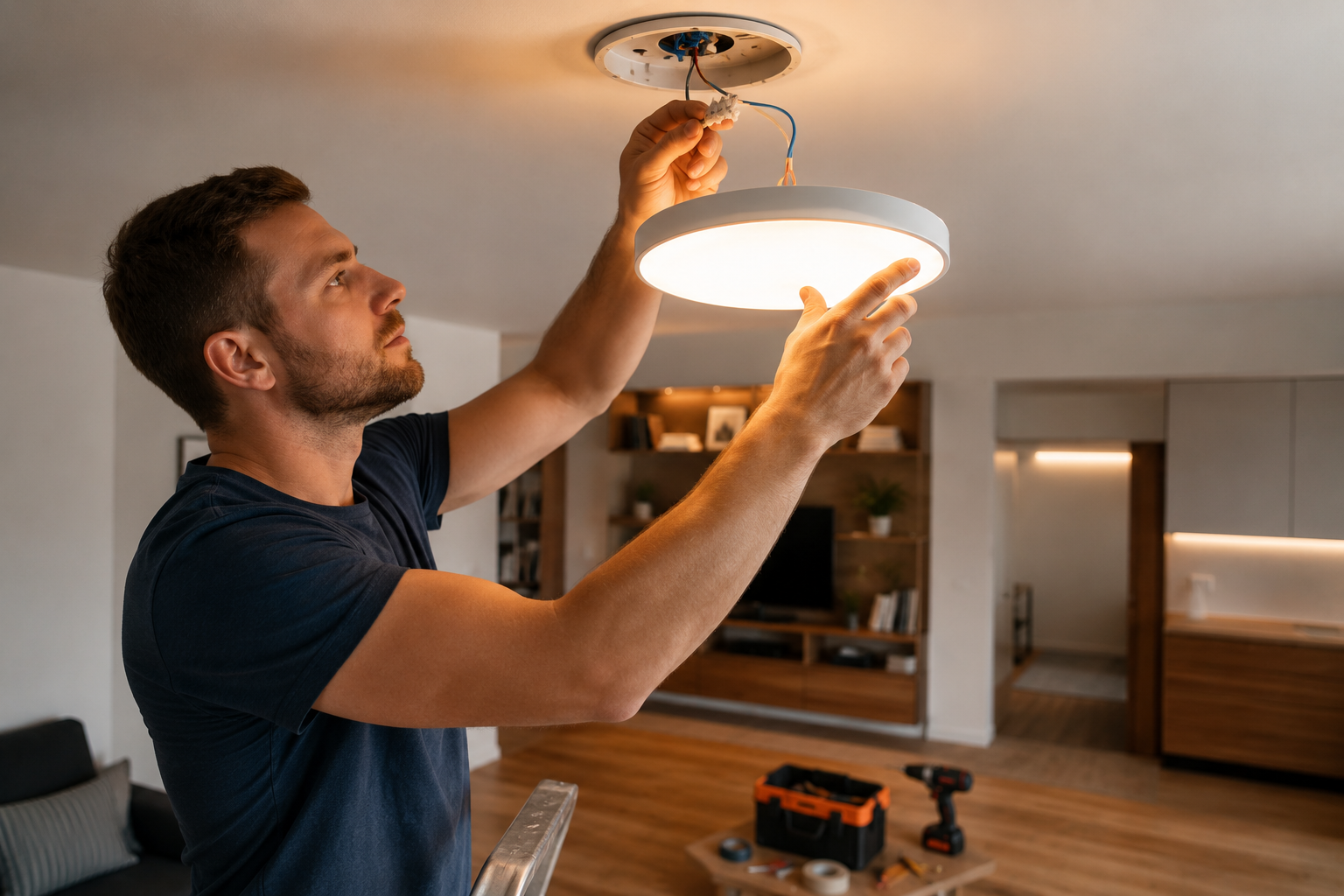 cómo instalar iluminación LED en casa con persona conectando cables de luminaria