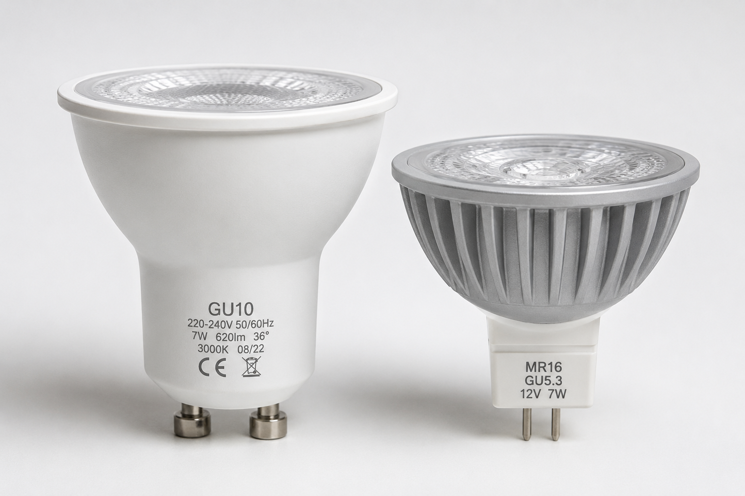 LED GU10 vs MR16 comparativa de focos con patillas diferentes sobre superficie blanca