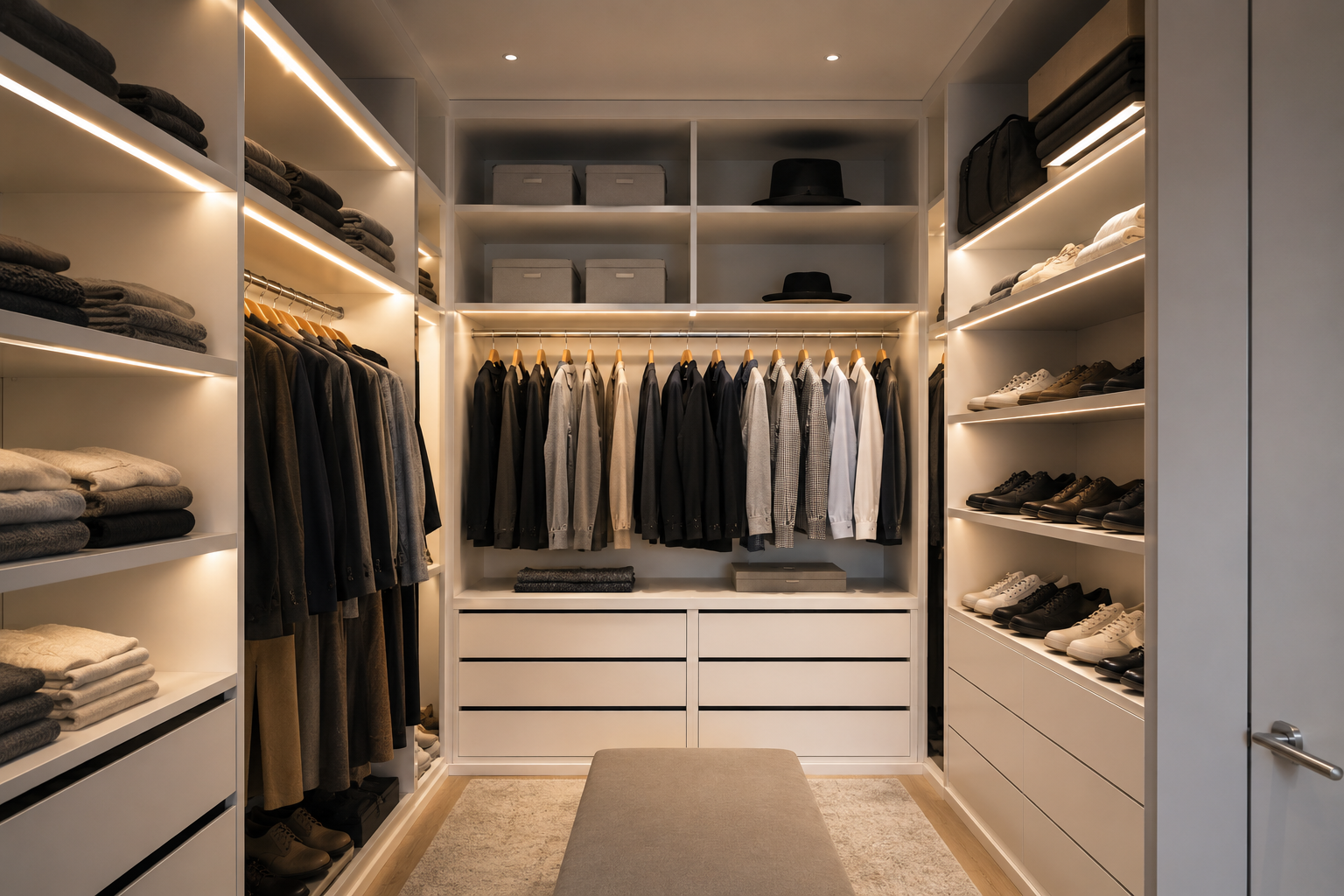 iluminación LED para armarios con tiras LED en estantes y ropa bien iluminada