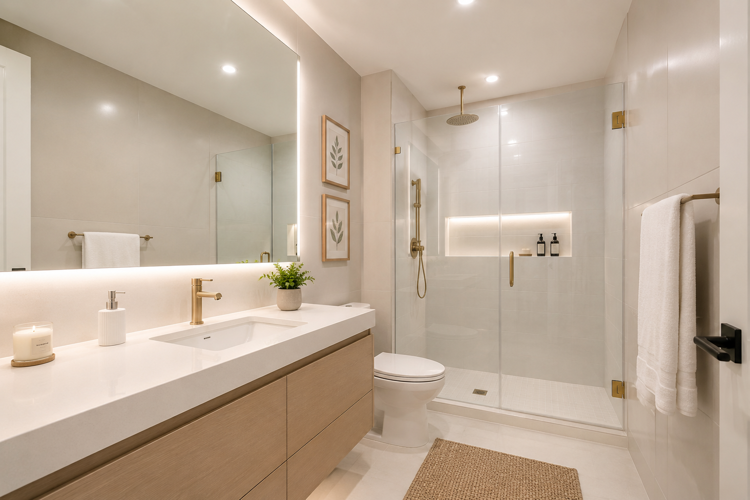 iluminación LED en baño sin ventana con espejo amplio y luz uniforme que amplía el espacio