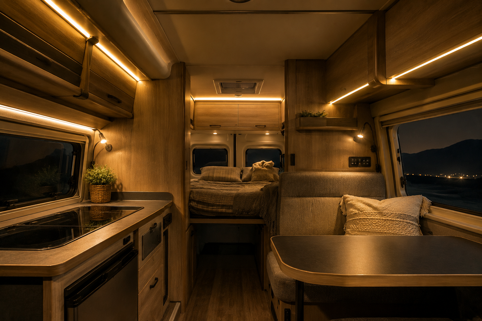 LED para camper interior de furgoneta camperizada con tiras LED cálidas en techo de madera
