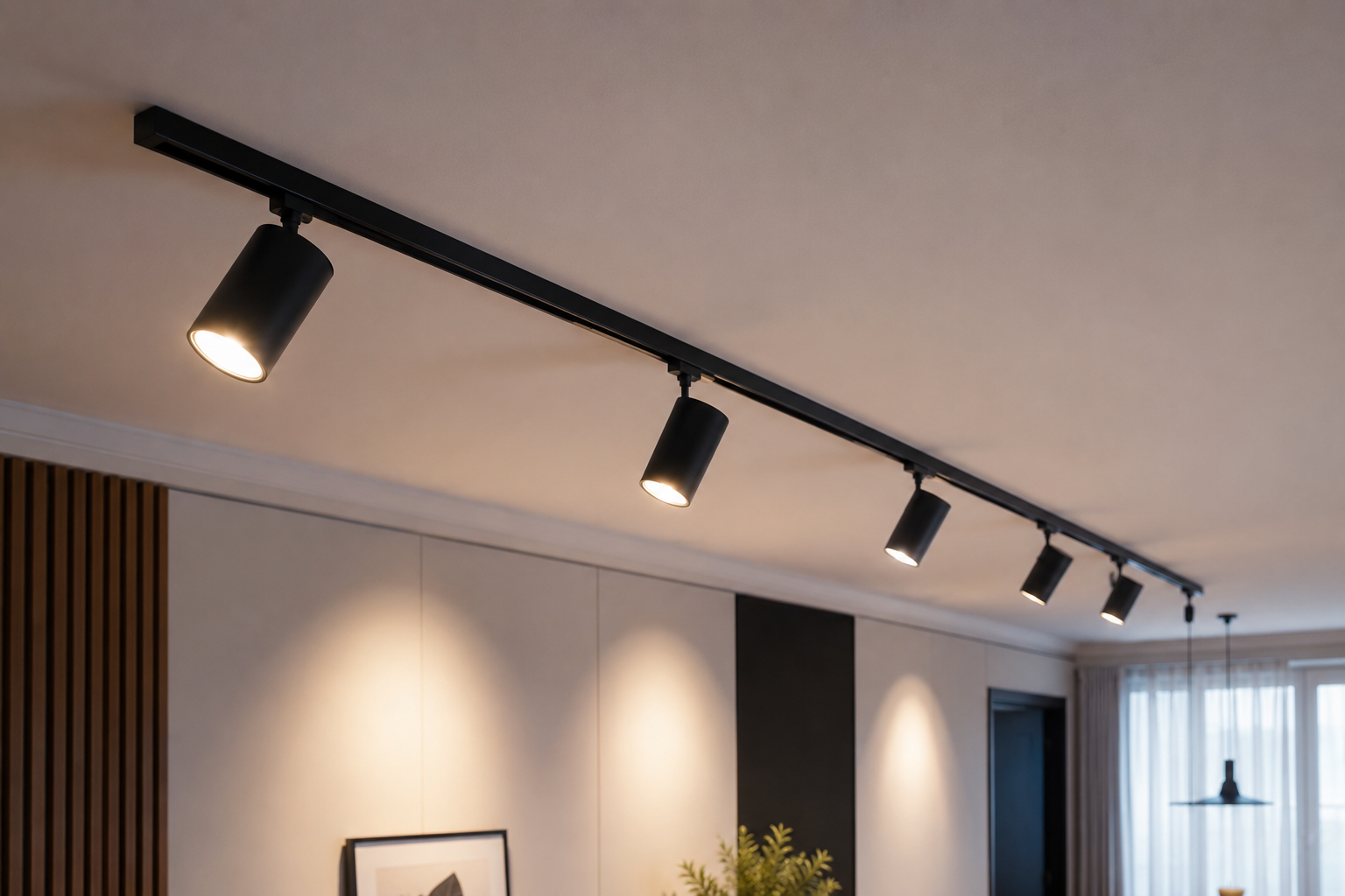focos LED de carril en techo con múltiples spots orientables en interior moderno