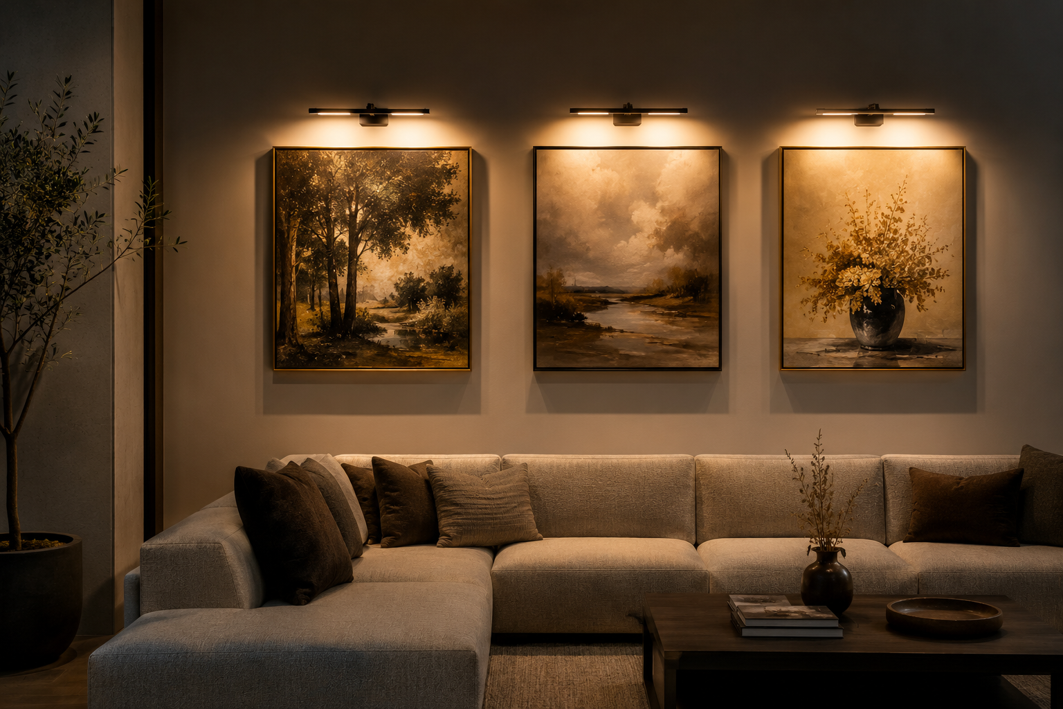 LED para cuadros con focos orientables iluminando pintura enmarcada en pared de galería