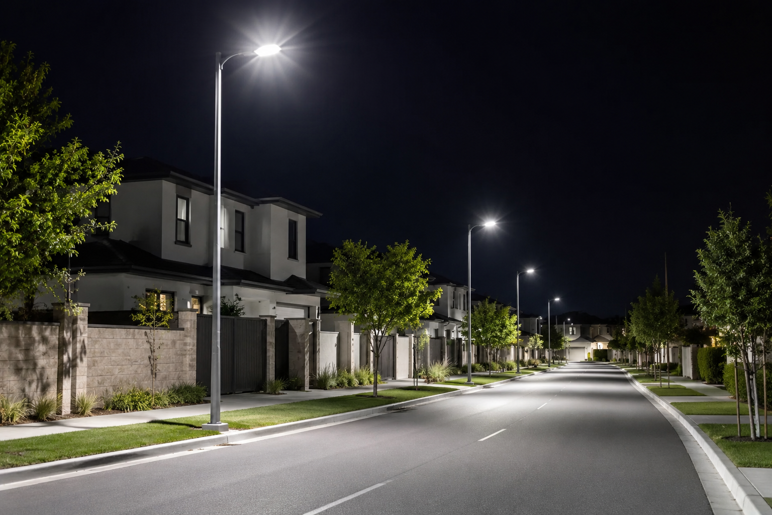 farolas LED en vía pública con luz blanca uniforme sobre calzada nocturna