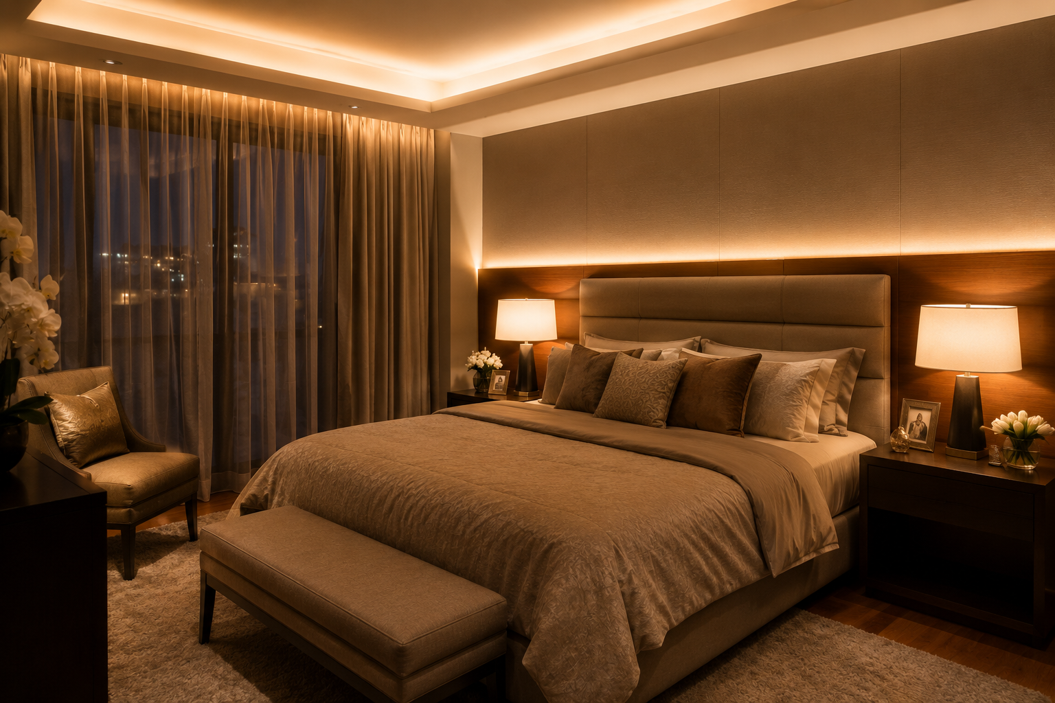 iluminación LED habitación de matrimonio con tira LED detrás del cabecero y lámparas mesita cálidas