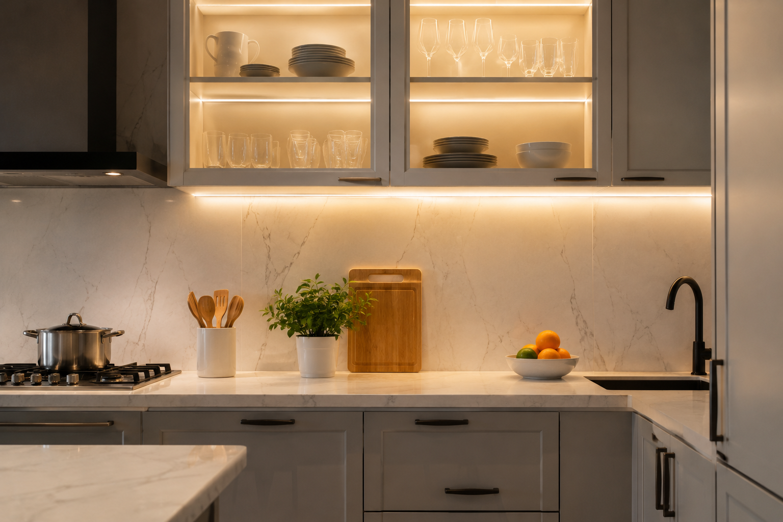 LED para muebles de cocina con tiras bajo armarios superiores iluminando encimera