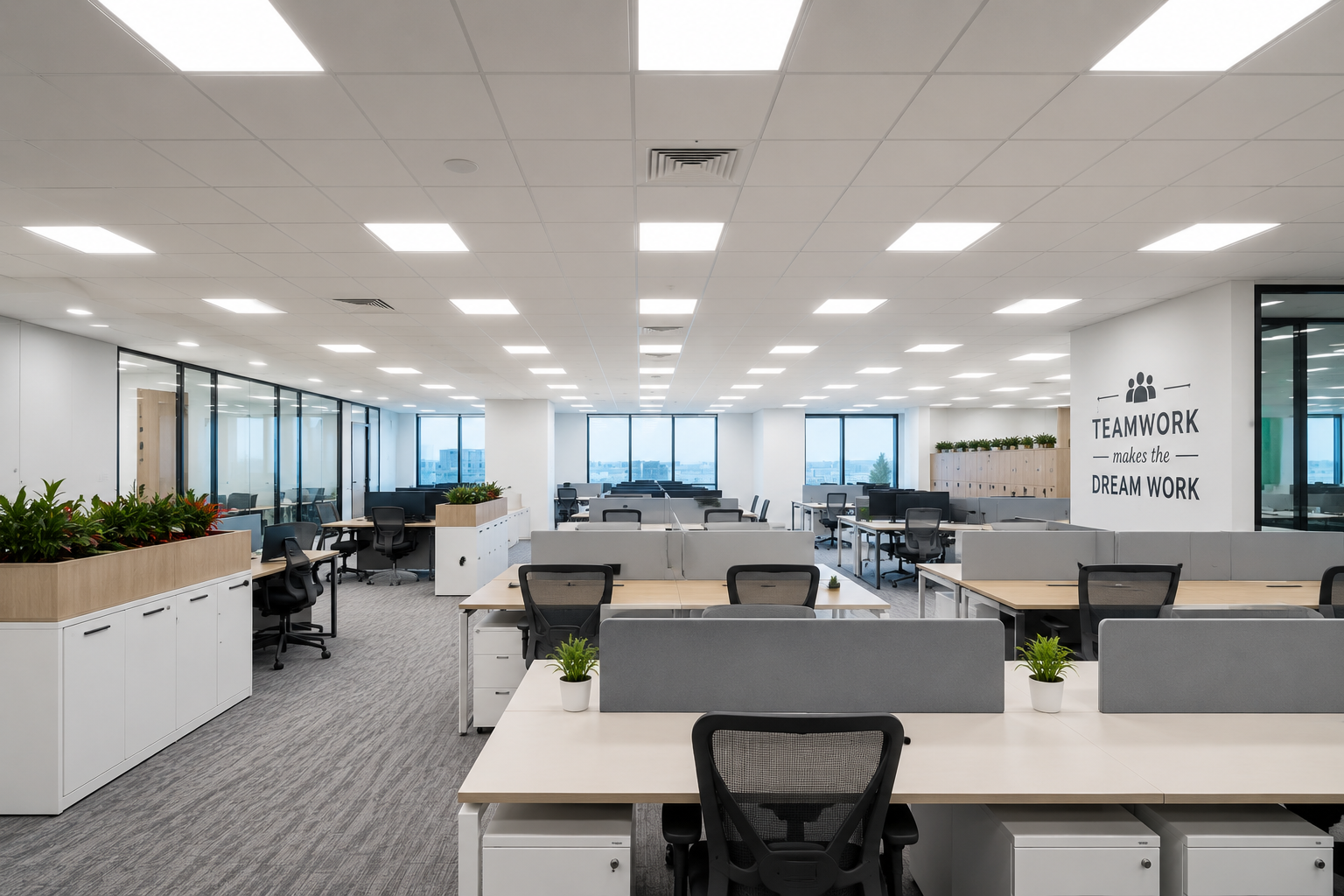 iluminación LED para oficinas con paneles uniformes en techo de espacio abierto