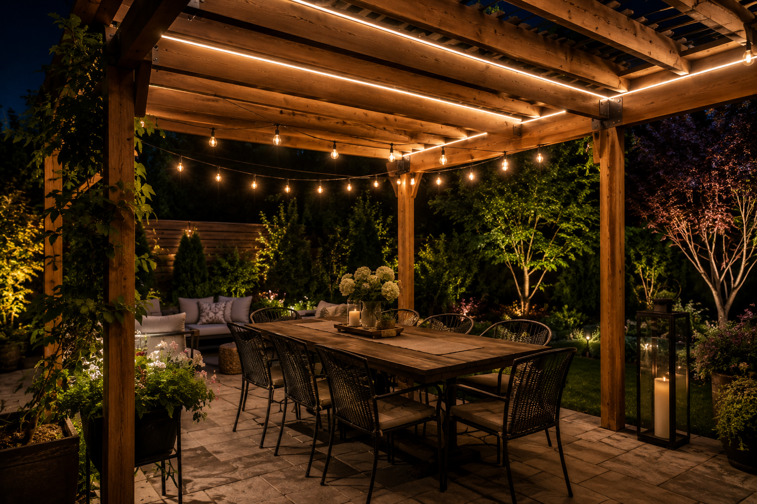 iluminación LED pérgola con tiras LED en vigas y guirnaldas colgantes sobre mesa exterior