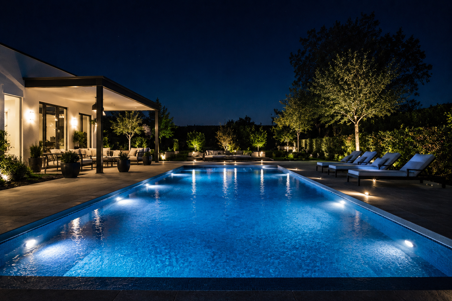 iluminación LED para piscina con focos sumergibles azules y blancos en agua nocturna