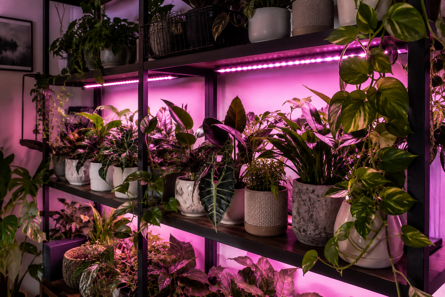 iluminación LED para plantas de interior con luces grow light rosas sobre macetas