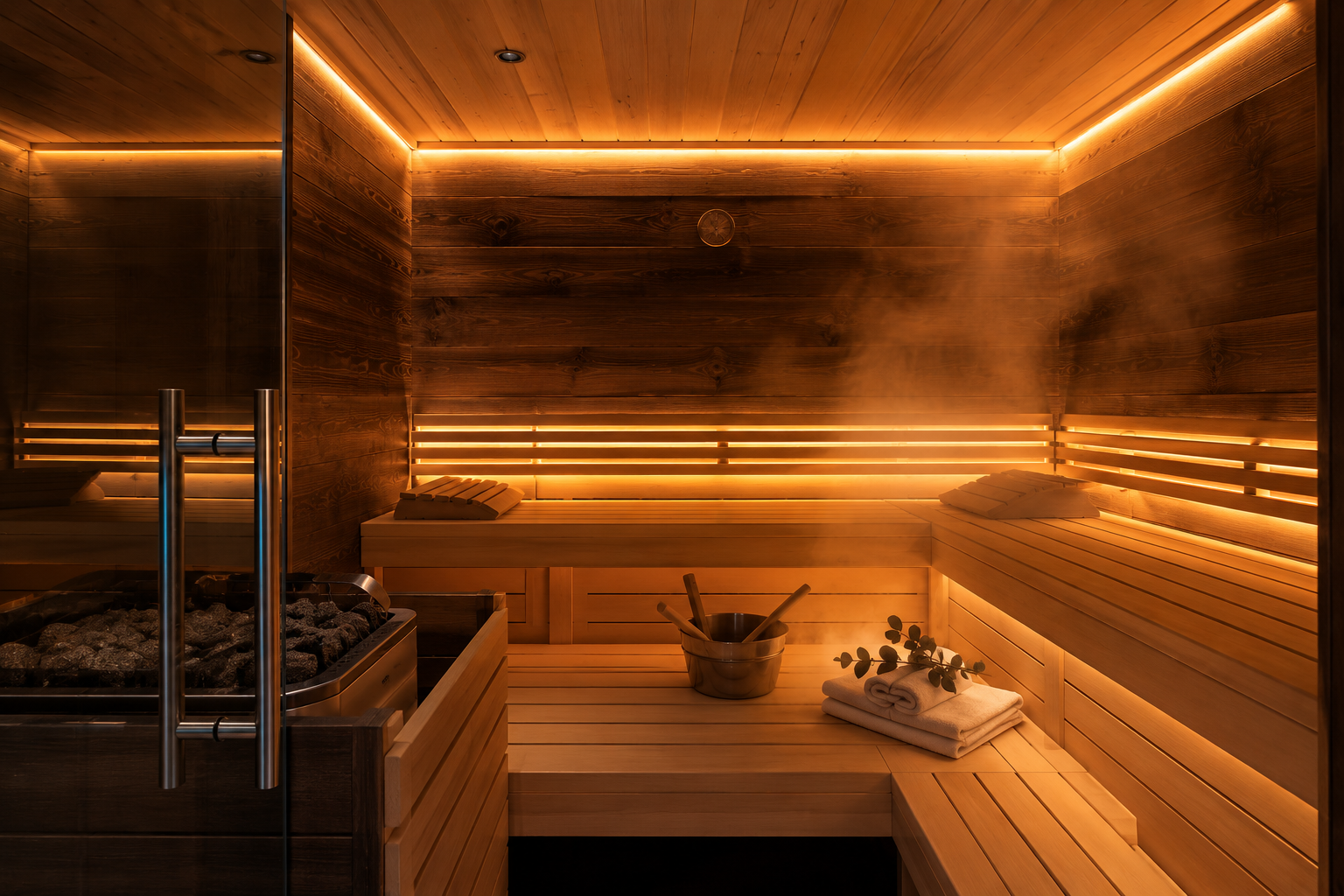 iluminación LED spa sauna con luz ámbar cálida en interior de madera con vapor