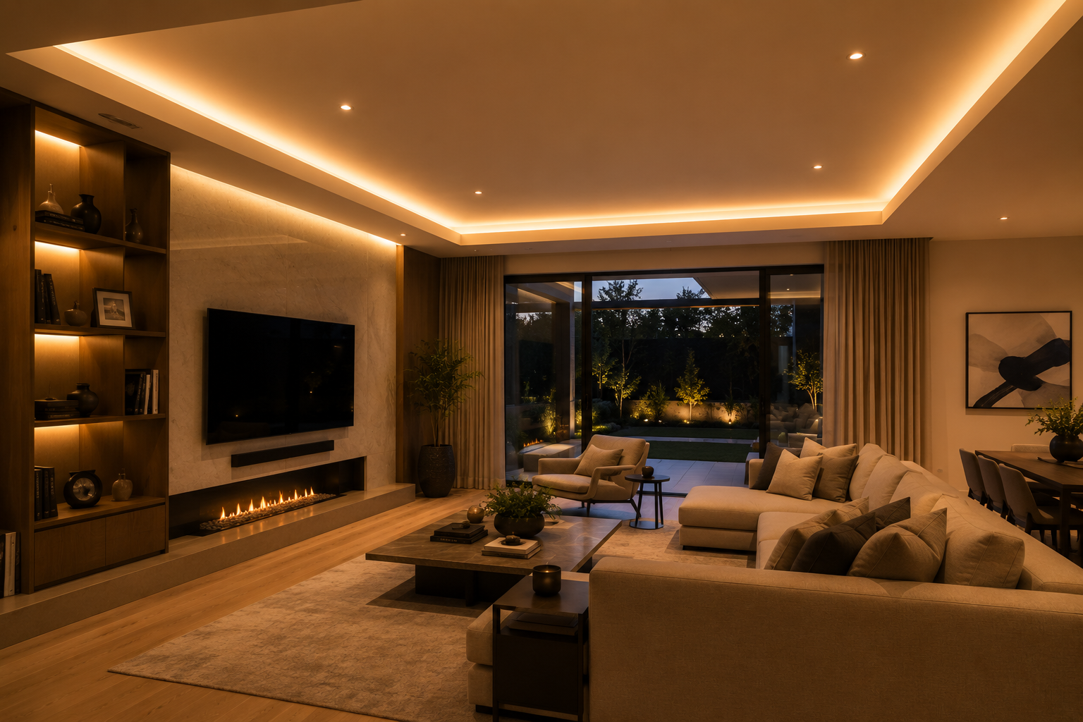 tiras LED para techo con efecto cornilight de luz indirecta cálida en salón moderno